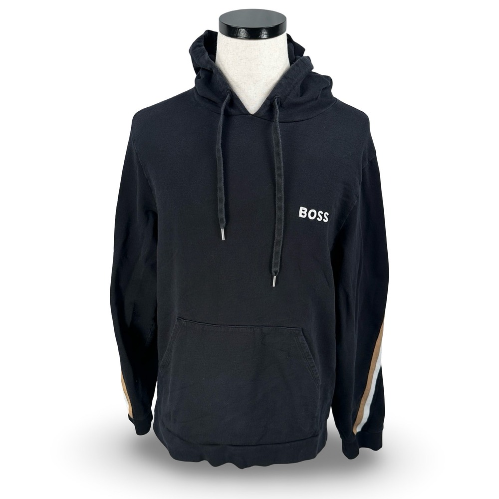BOSS Hugo Boss Iconic Hoodie Mens Large Black Cotton Stripe Sleeve 50521884